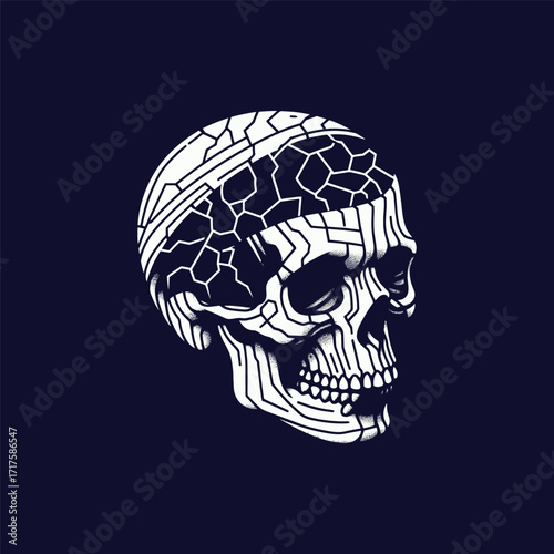 Abstract illustration of a skull with a cracked surface design, set against a dark background