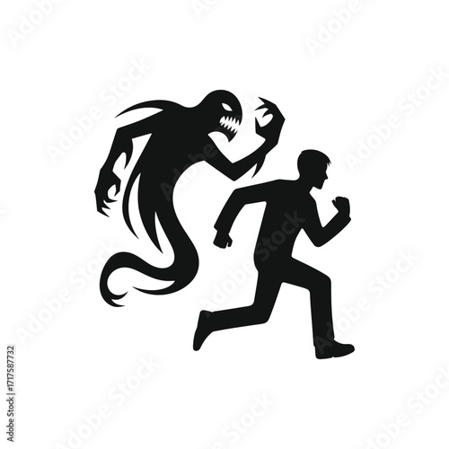 A silhouette of a man running from a menacing ghostly figure in a minimalist style