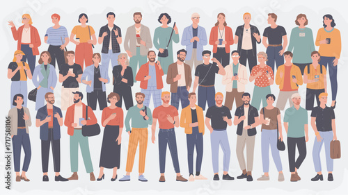 Diverse crowd of people standing together holding smartphones and bags Keywords: people, group