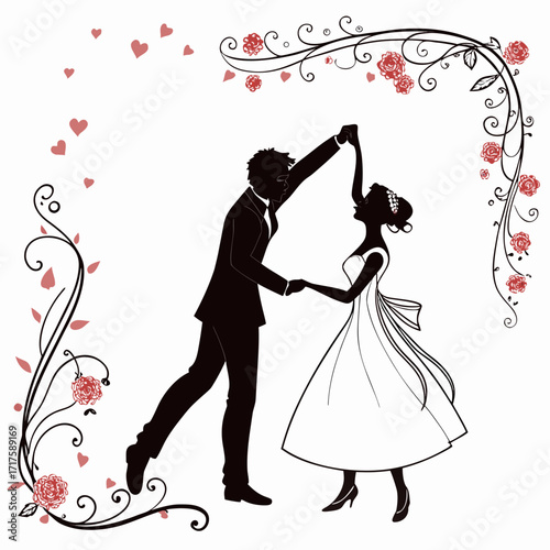 Elegant silhouette of a bride and groom dancing romantically under a floral archway with hearts