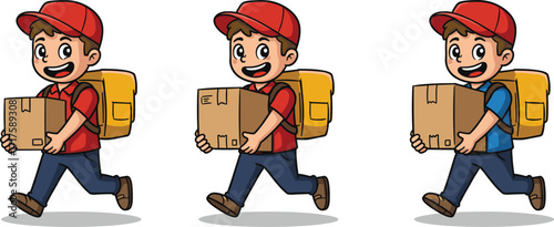 Cartoon delivery boy carrying package, courier service illustration, fast shipping character, parcel delivery worker, logistics concept, express mail transport design