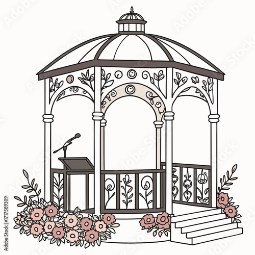 Elegant wedding gazebo decorated with pink roses and a podium with microphone for ceremony