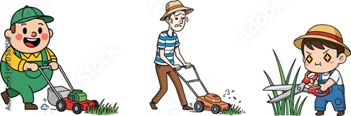 Cartoon man mowing grass, funny gardener illustration, lawn care worker, garden maintenance, farmer character, hedge trimming, outdoor work, landscaping clipart