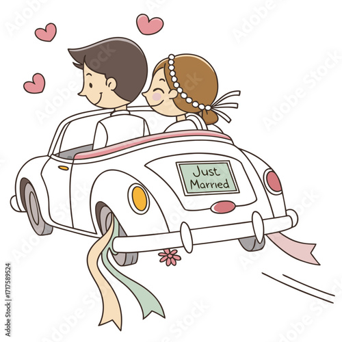 Happy cartoon bride and groom in a white convertible car decorated with ribbons and hearts celebrating their just married status
