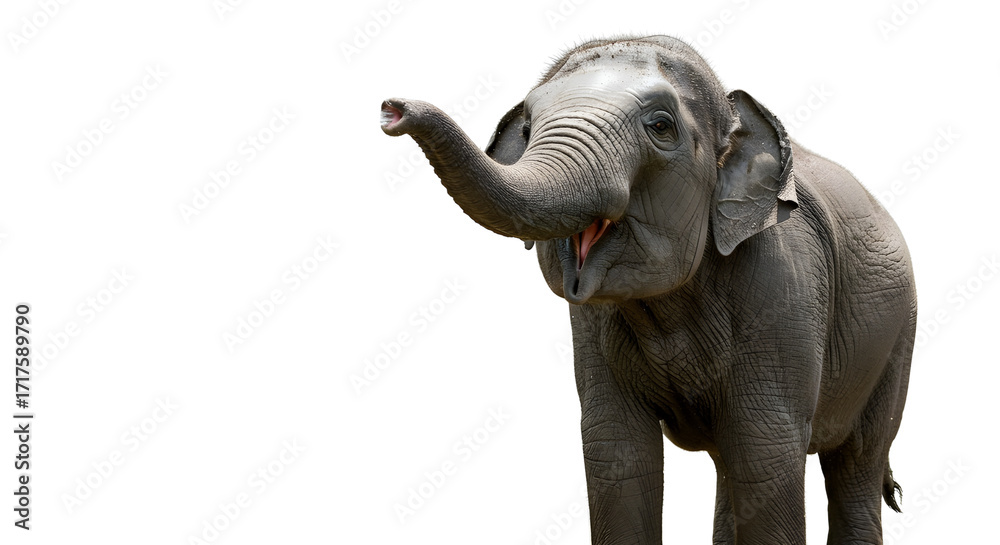 Fototapeta premium Cute baby Asian elephant raising trunk, isolated studio portrait for design use. isolated PNG with Transparent Background