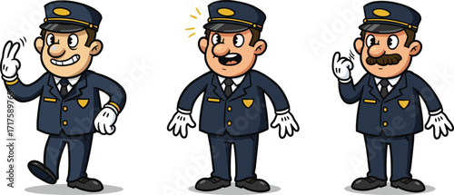 Cartoon train conductor characters in uniform, railway staff illustration, transport worker vector design, station master cartoon, ticket inspector character drawing for stock