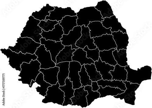 A detailed vector map of Romania with all administrative county borders rendered in black. Ideal for data visualization, presentations, and infographics.

