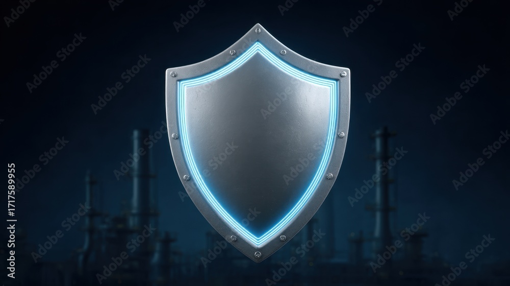 Fototapeta premium Metallic Shield with Glowing Edge Set Against Industrial Background, Representing Protection and Security in a Modern Digital Environment