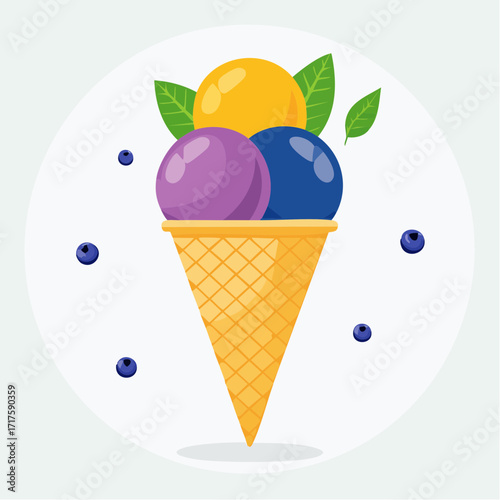 Fresh ice cream cone with blueberry and mint leaves, cold dessert vector for food design and ads.