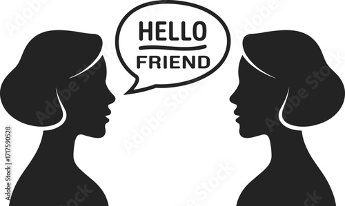 Two women talking silhouette, communication icon with speech bubble, friendship conversation graphic, hello friend message vector, social interaction illustration, black
