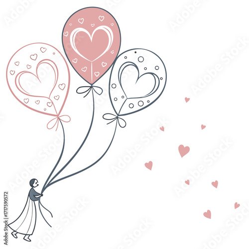 Whimsical illustration of a person holding three heart shaped balloons with small hearts floating away