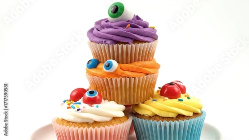 Playful Halloween cupcakes stacked with spooky candy eyes and colorful frosting