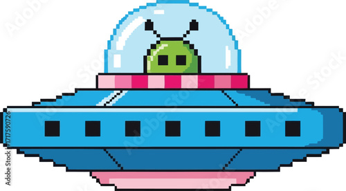 Pixel art alien spaceship flying in space with cute green extraterrestrial vector