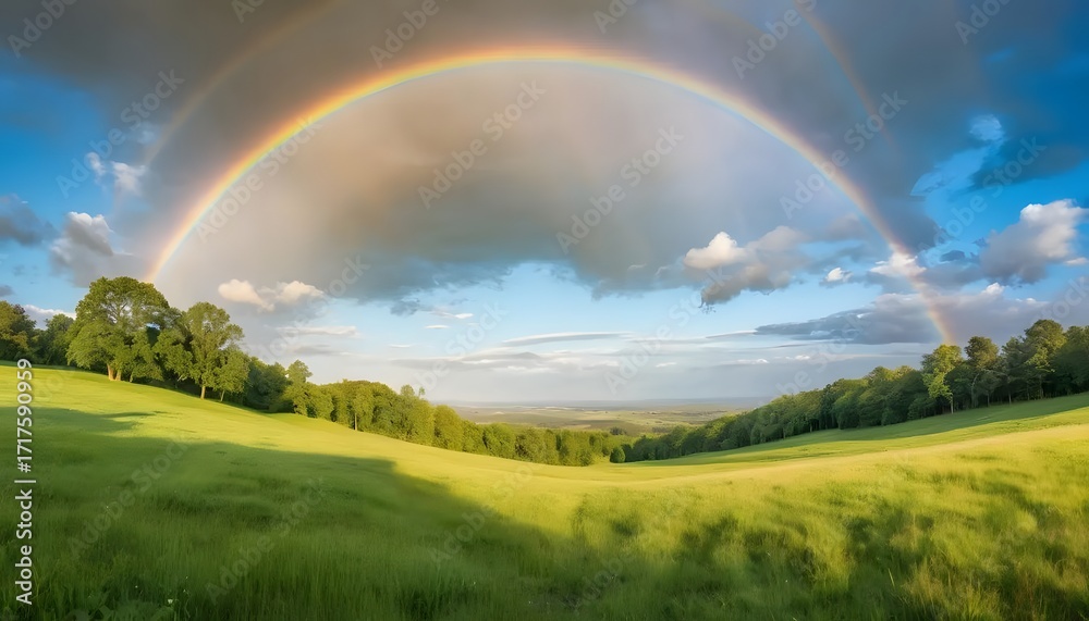 Naklejka premium Majestic Double Rainbow Arches Over Lush Green Meadow Landscape