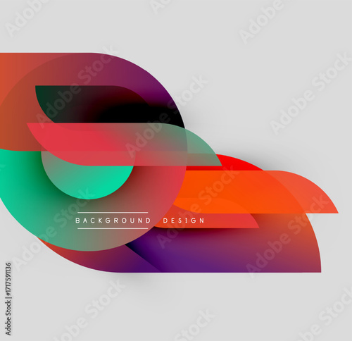Abstract colorful layers create dynamic composition. Gradients blend, forming flowing shapes, modern design element.
