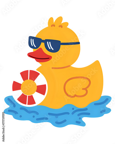 A rubber duck with sunglasses and a tiny lifebuoy | funny cartoon duck | baby shower card | baby boy playing with ball | baby boy playing with water | sun and sunglasses on beach