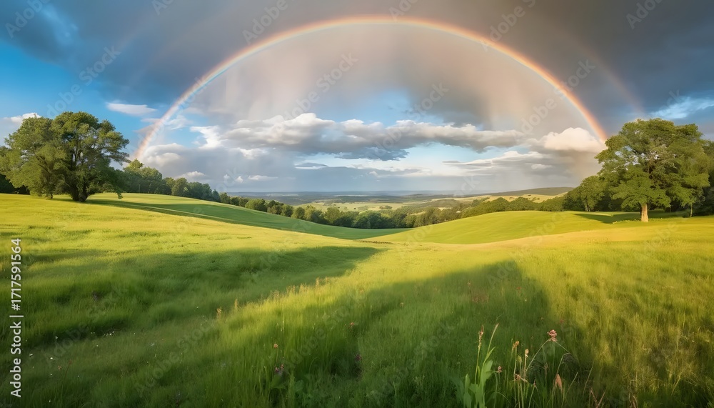 Naklejka premium Serene Landscape with a Majestic Rainbow Arching Over Rolling Hills