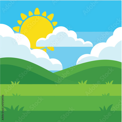 Bright sunny day rolling hills green field blue sky vector