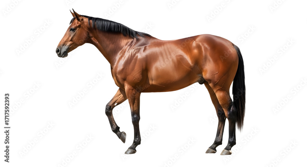 Obraz premium Elegant brown horse walking in profile isolated PNG with Transparent Background