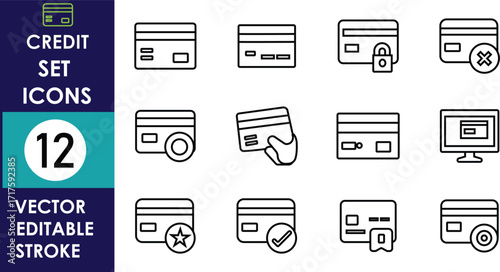A collection of twelve minimal outline-style credit card icons with editable stroke, featuring various concepts such as security, approval, payment, and online transactions