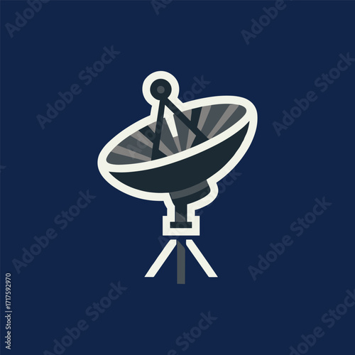 Satellite dish on a stand against a dark blue background, representing communication technologies