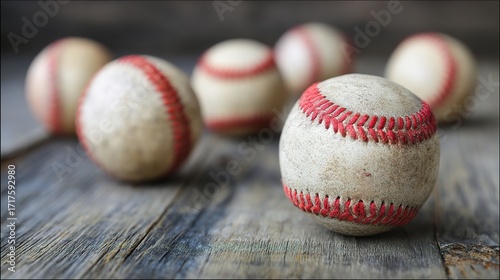 Old baseballs on rustic wooden table close-up.

