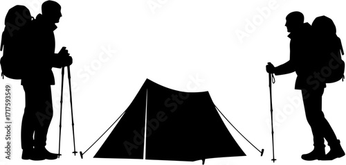 Silhouette of two hikers with backpacks and hiking poles 