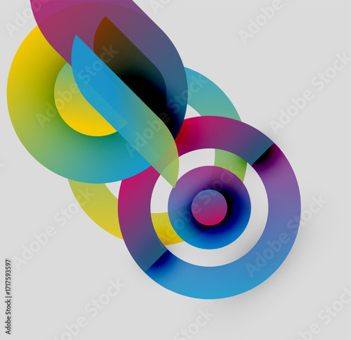 Abstract colorful design. Overlapping shapes create dynamic visual impact. Circles, curves, gradients define composition. Modern aesthetic.