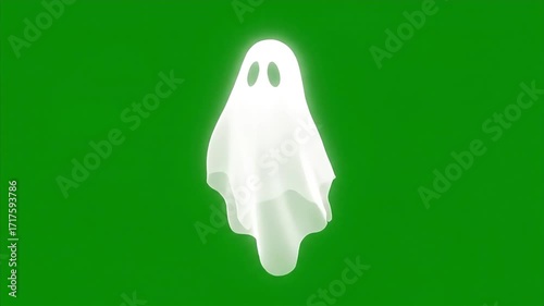 Playful white ghost costume floats happily against a vibrant green background