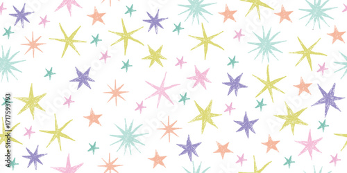 A seamless pattern of multicolored pastel stars on a white background. The ornament is drawn with wax crayons. Hand-drawn vector illustration. Festive decorative design for Christmas, New Year, and