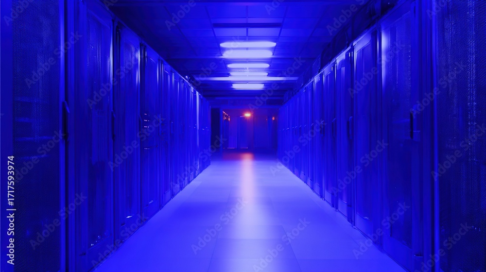Fototapeta premium An abstract view of a server room with a atmospheric glow from numerous blue LED lights creating a gradient effect.