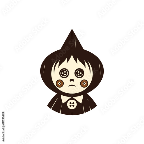 A whimsical doll character with button eyes and a pointed hat, set against a minimalist background
