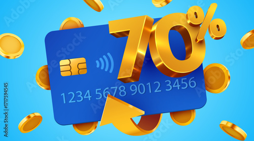 70 cashback icon with credit card and coins. Cashback or money back label. Vector illustration