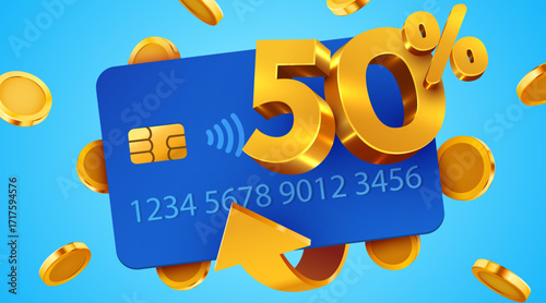 50 cashback icon with credit card and coins. Cashback or money back label. Vector illustration