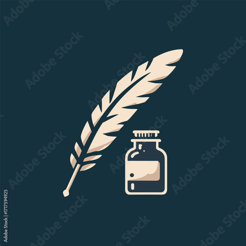 A vintage quill pen next to an ink bottle on a dark background, symbolizing creativity and writing
