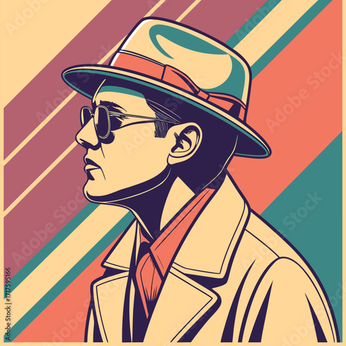 Stylized retro vector of mysterious man in fedora, trench coat, and sunglasses with pop art background and bold colors
