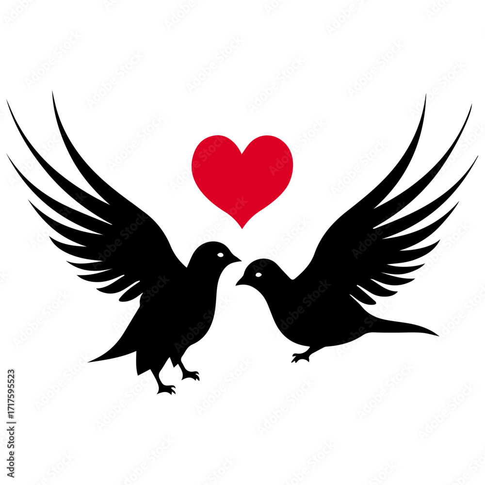 Obraz premium Two black birds facing each other with wings spread and a red heart above them in a white background