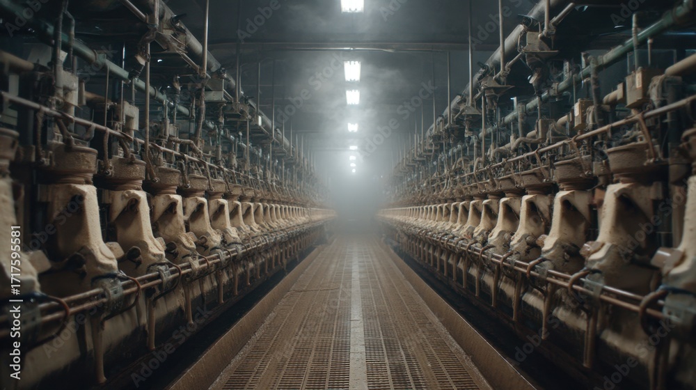 Obraz premium Interior of an Industrial Dairy Farm with Milking Machines in a Dimly Lit Environment Showing Rows of Equipment for Animal Husbandry and Farming