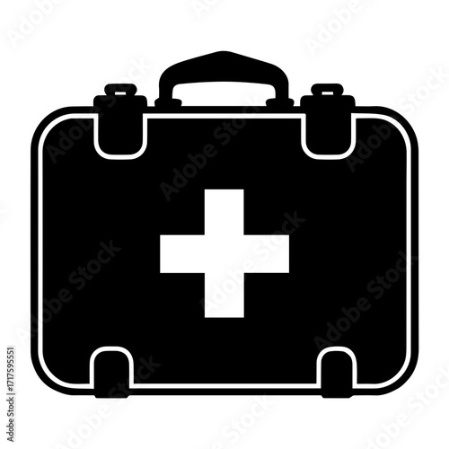 Black medical bag with a white cross in the center and a handle on top isolated on a white background