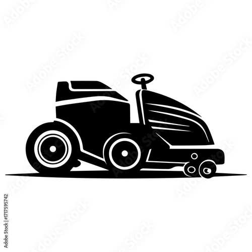 Illustration of a floor scrubber machine with a steering wheel in black and white silhouette style