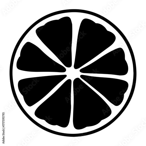 A black and white graphic image of a sliced citrus fruit with eight segments in a circular arrangement