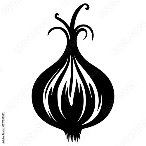 Illustration of a black onion with detailed layers and curly sprouts on a white background design element
