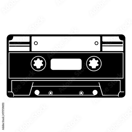 Illustration of a black and white audio cassette tape with detailed features and rectangular shape