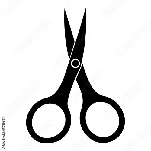 Silhouette of open scissors with pointed blades and circular handles on a white background design element