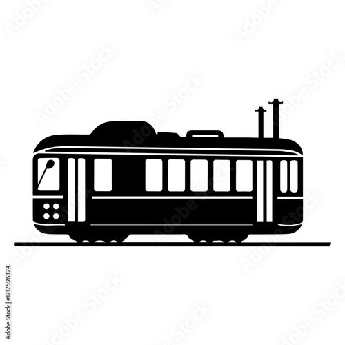 Illustration of a vintage black and white trolley car with multiple windows and antenna on top view