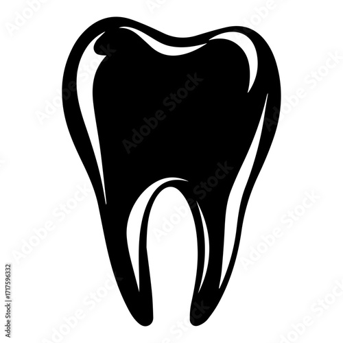 Illustration of a single black and white tooth with clear definition and smooth, curved lines present