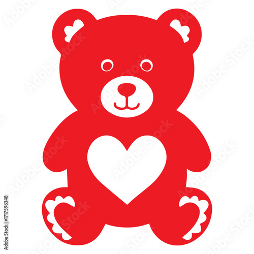 Valentine red teddy bear with white heart on its chest sitting upright as a symbol of love and affection design