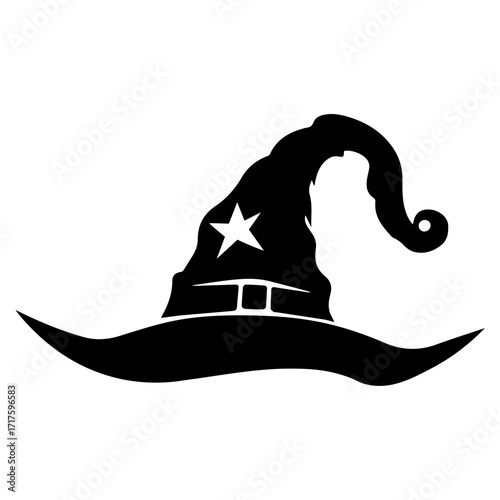 Illustration of a black witch hat with a star and buckle on a white background in vector format