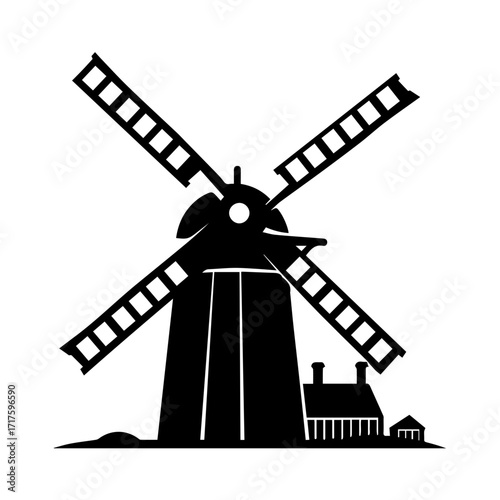 Silhouette of a traditional windmill with four sails and a building in the background on a white canvas