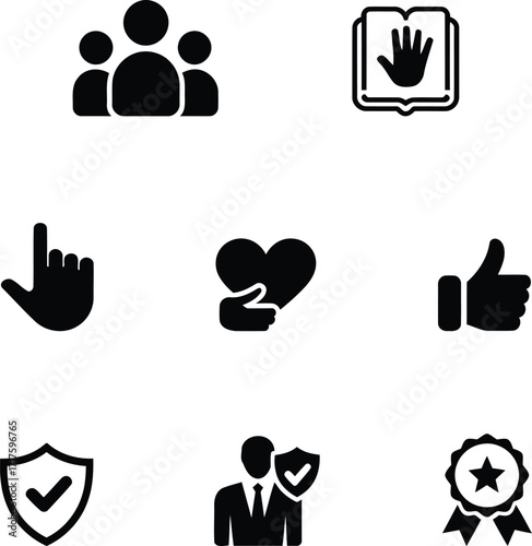 Diverse Set of Black and White Pictograms Symbolizing Trust and Security Empathy Approval and Teamwork Illustrating Business Concepts and Ethical Considerations